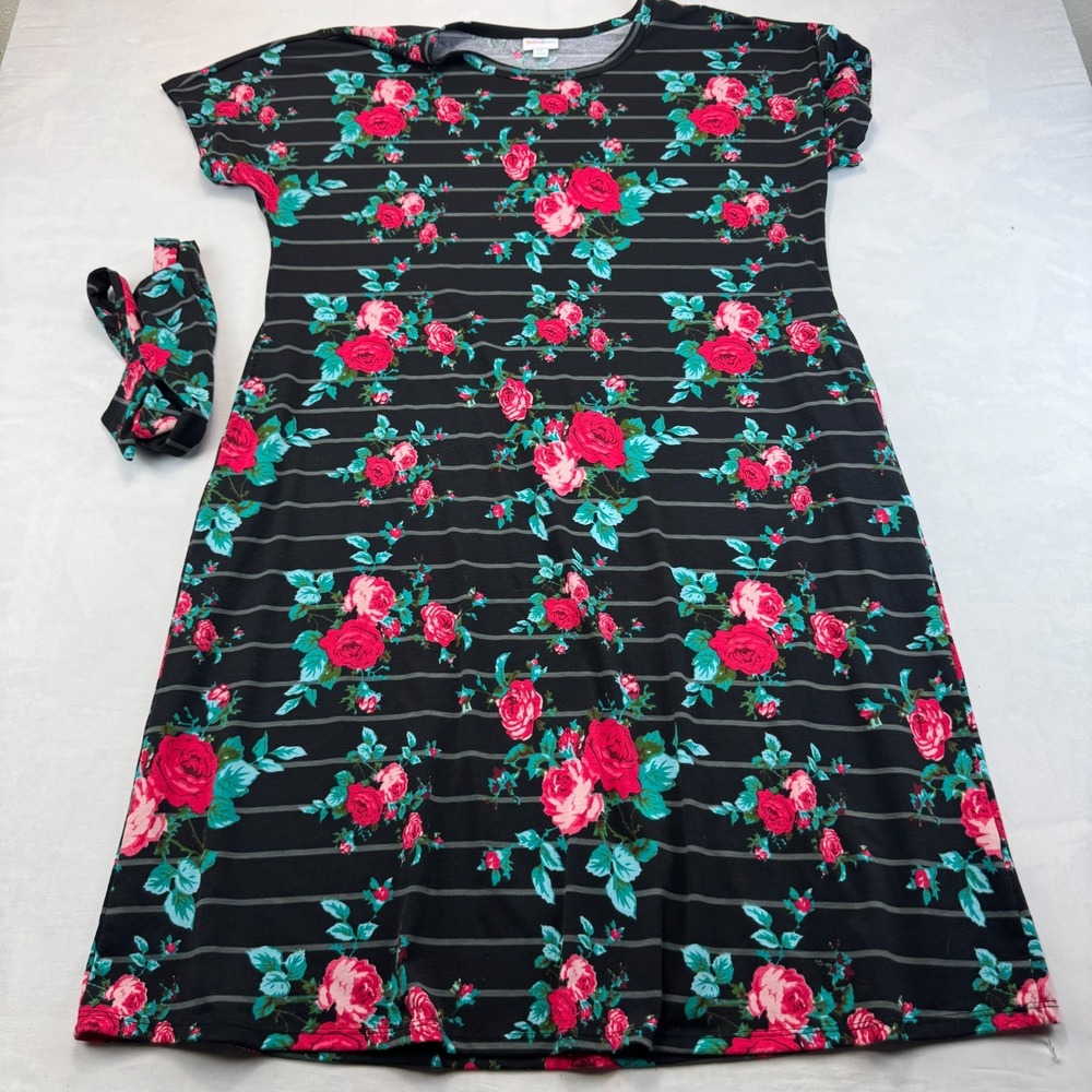 LuLaRoe Shift Dress Womens 2XL Black Striped Floral Short Sleeve with Headband